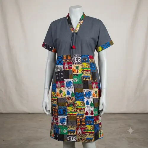 Robe Boubou Moderne en Patchwork Africain – Gris & Imprimés Traditionnels
