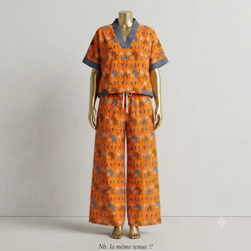 Ensemble Tunique & Pantalon Large Orange – Motifs Traditionnels Africains & Détails Denim